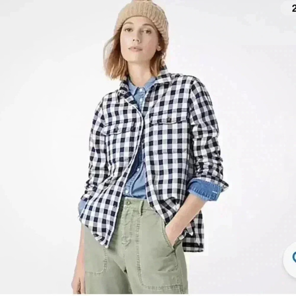 J CREW women’s Shirt-jacket in Stanton plaid flannel blue/cream size XS like new - Picture 1 of 11